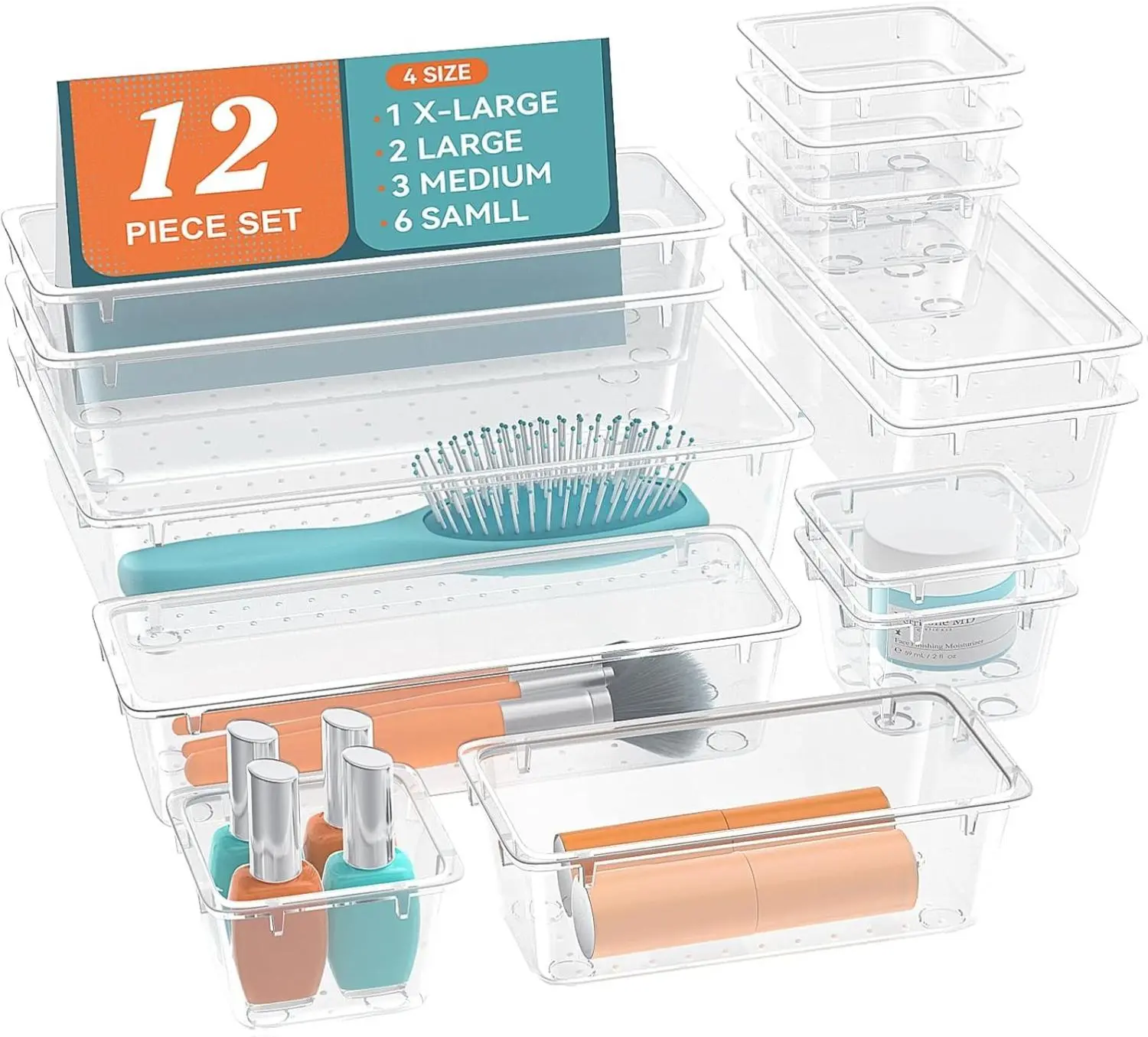 12-Piece Drawer Organizer Set, 4 Sizes Clear Plastic Makeup Vanity Organizer for Makeup, Stationery, Gadgets, Kitchen, Bathroom, Office, Bedroom Boxes