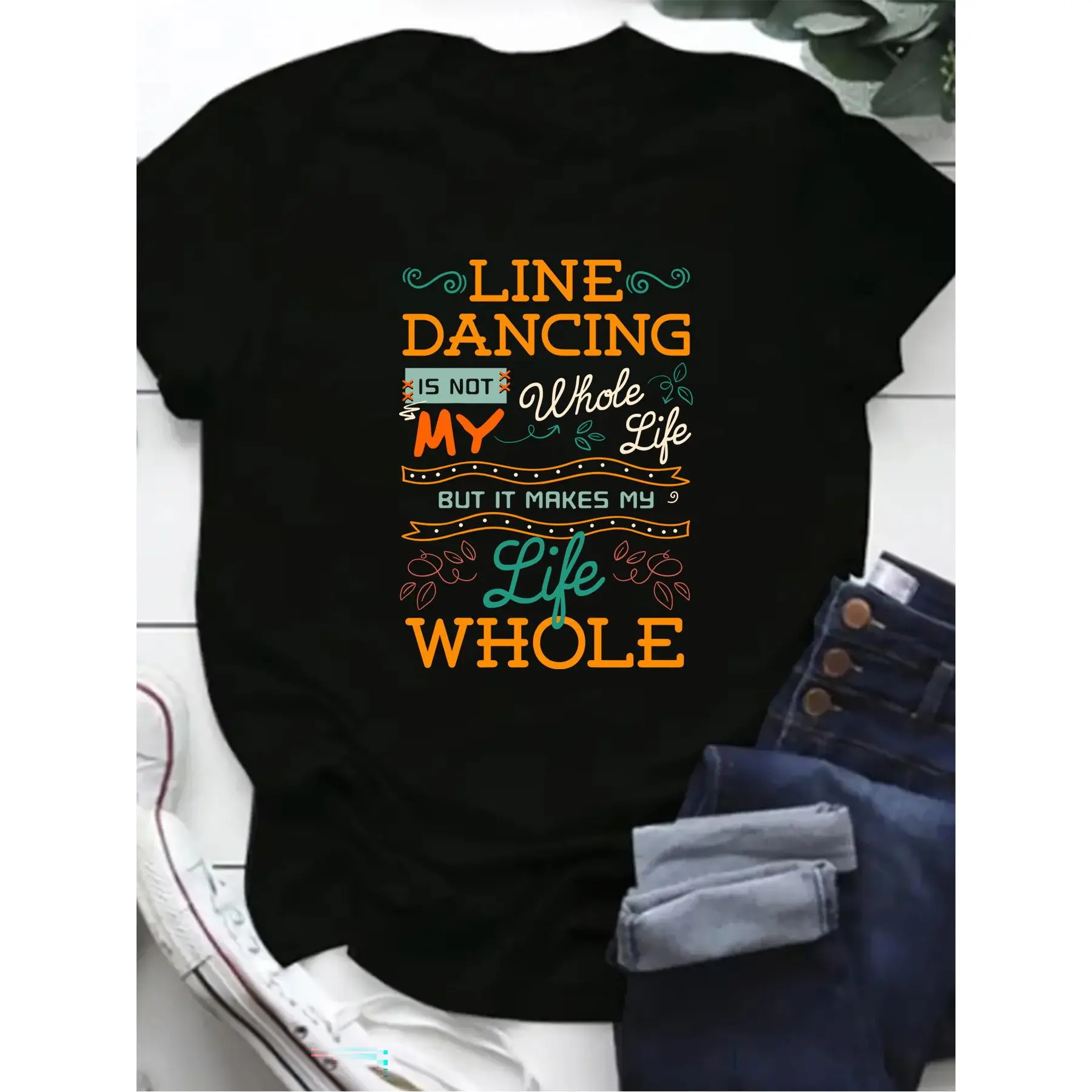 Women's Baggy Cotton Shortsleeve Tshirt, "Line Dancing" Graphic Top with Crew Neck and Ruffle Sleeve for Dance Enthusiasts, Lady, Casual, Digital Print, Minimalist, Loose-Fit, T-Shirt Top, Clothes, Ruffled Sleeves, All Seasons, Drape Detail, Basic