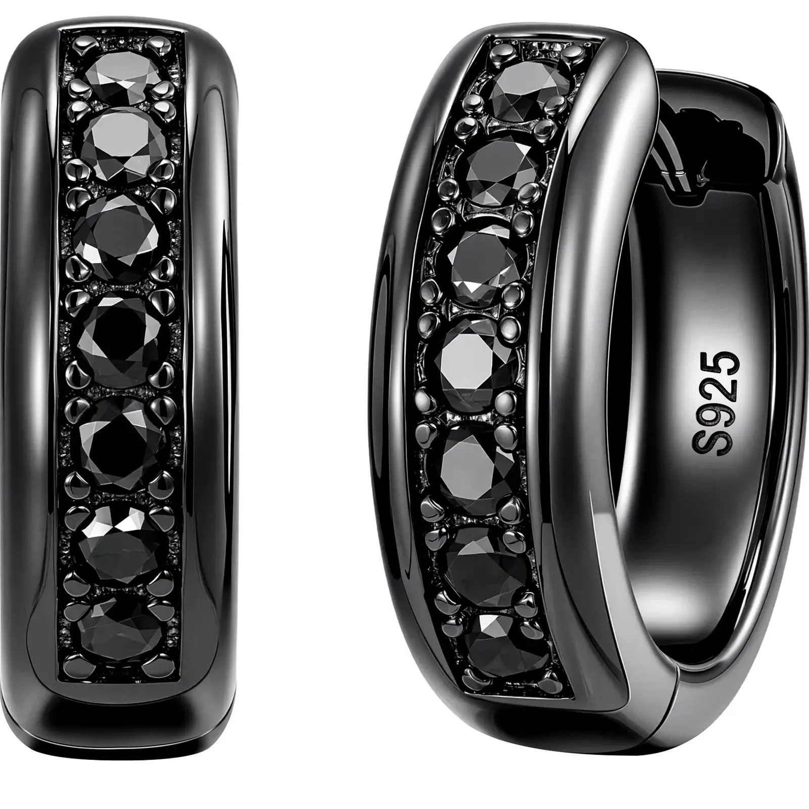 Heinlov Black Moissanite Mens Hoop Earring 925 Sterling Silver Huggie 0.4ct 14 black round stones 0.4ct total 13.5mm huggie 925 sterling silver 3.47g mens earrings jewelry gift