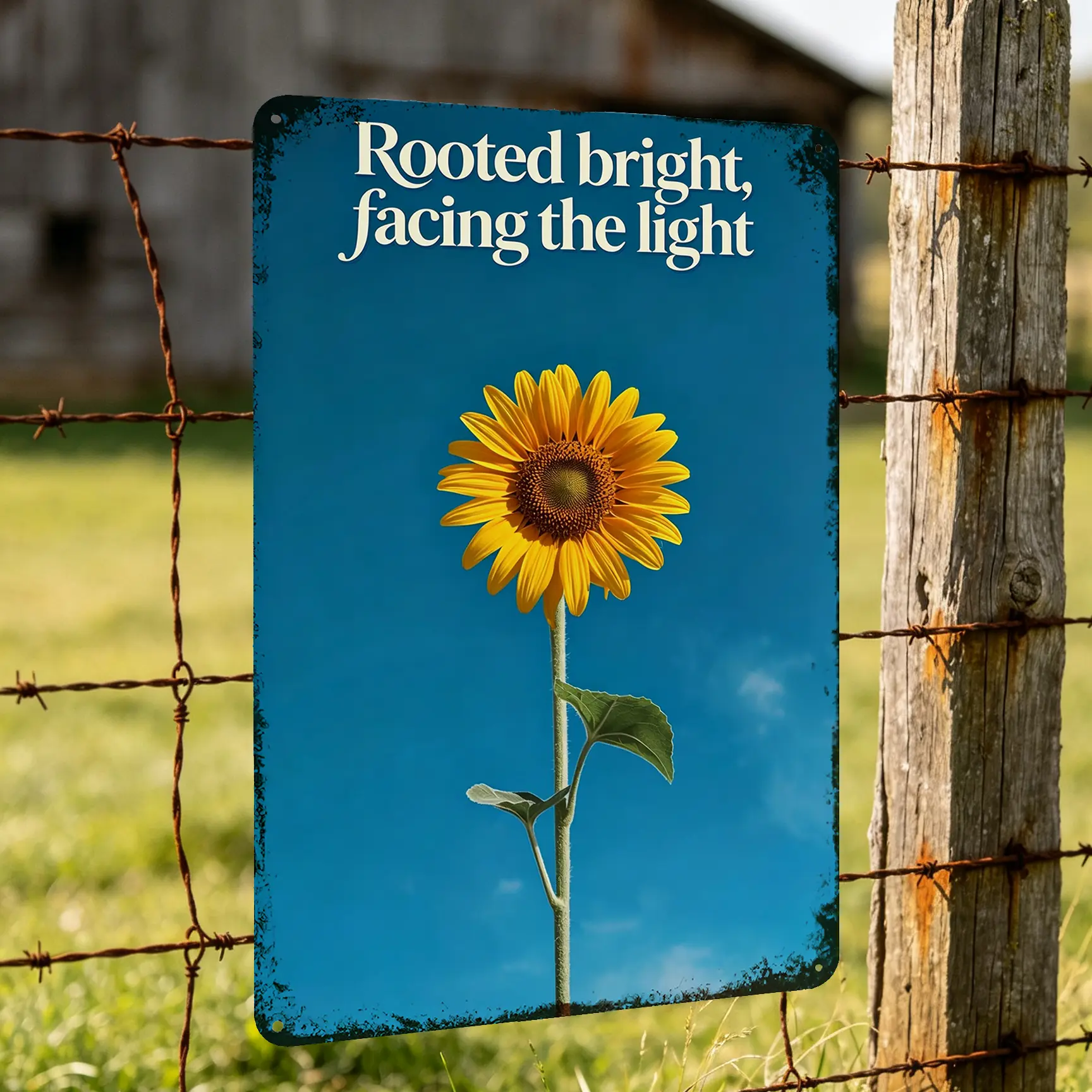 Vintage Sunflower Metal Tin Sign 8x12 Inch Rooted Bright Facing The Light Retro Farmhouse Wall Decor,sunflower tin sign, 8x12 inch metal wall art, retro vintage sunflower plaque, inspirational quote wall decor, rustic farmhouse wall sign