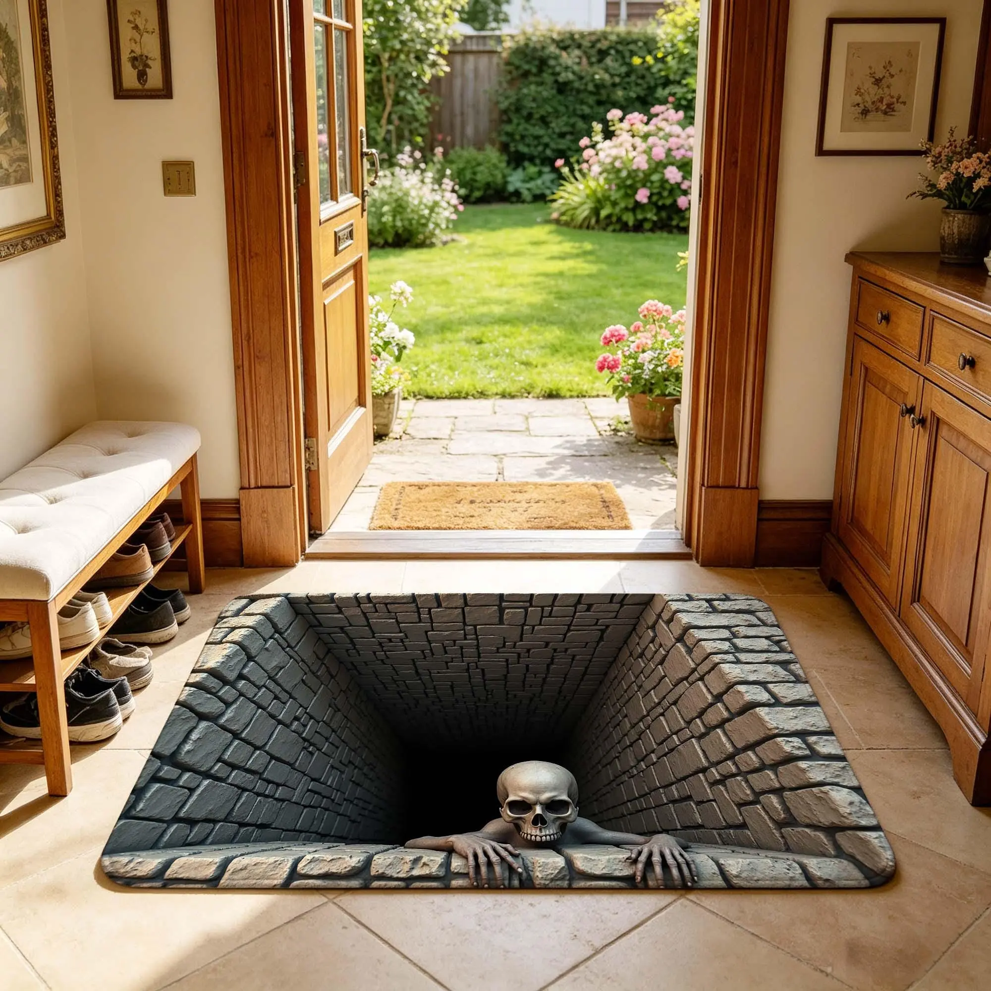 3D Optical Illusion Skull Pit Doormat, Creepy Brick Hole Skeleton Non-Slip Entryway Rug, Spooky Horror Front Door Decor Mat, Halloween Decorations 2026