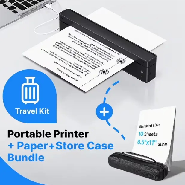 Portable Thermal Printer A10a Wireless BT Inkless Printer, Bundle Kits with 10 Sheets Thermal Paper & Black Travel Carrying Case, Compatible with Phone Laptop for On-the-Go Printing
