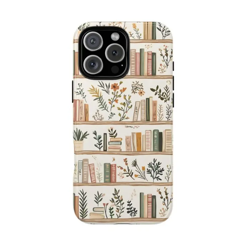 Boho Floral Bookshelf Smartphone Case - Cute Flower Cover for Readers, Durable Shockproof Accessory with Beveled Edges & Camera Protection, Compatible with iPhone 11/12/13/14/15/16/17 Pro, ProMax, Plus, Air, Mobile Phone Accessories, Shell