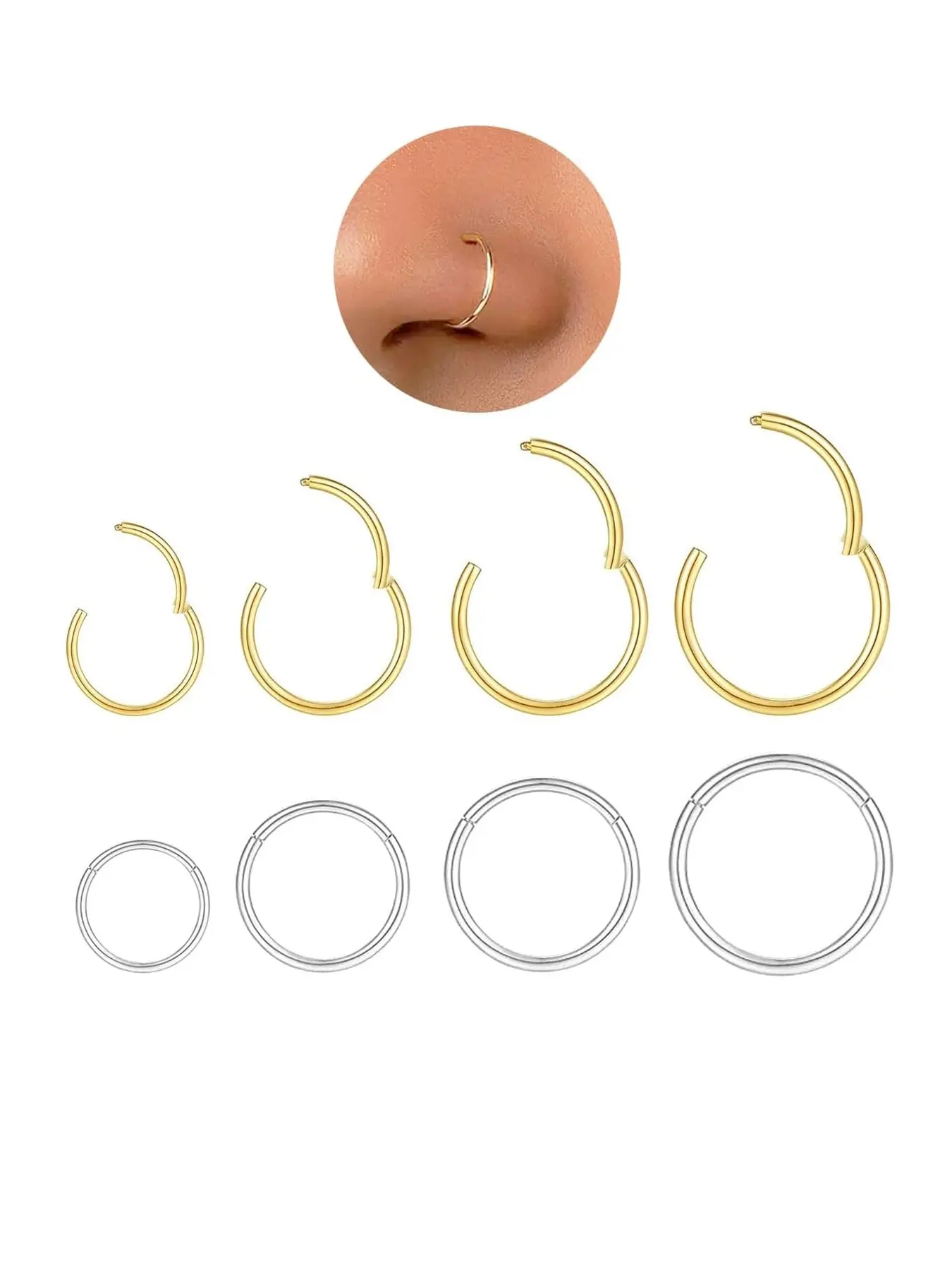 Unisex Hypoallergenic Nose Ring Jewelry Set, 4 Pieces 18g Gold/silver Color 316L Stainless Steel, Hinged Septum Rings for Soft Cartilage Piercing, Nostril Nose Piercing
