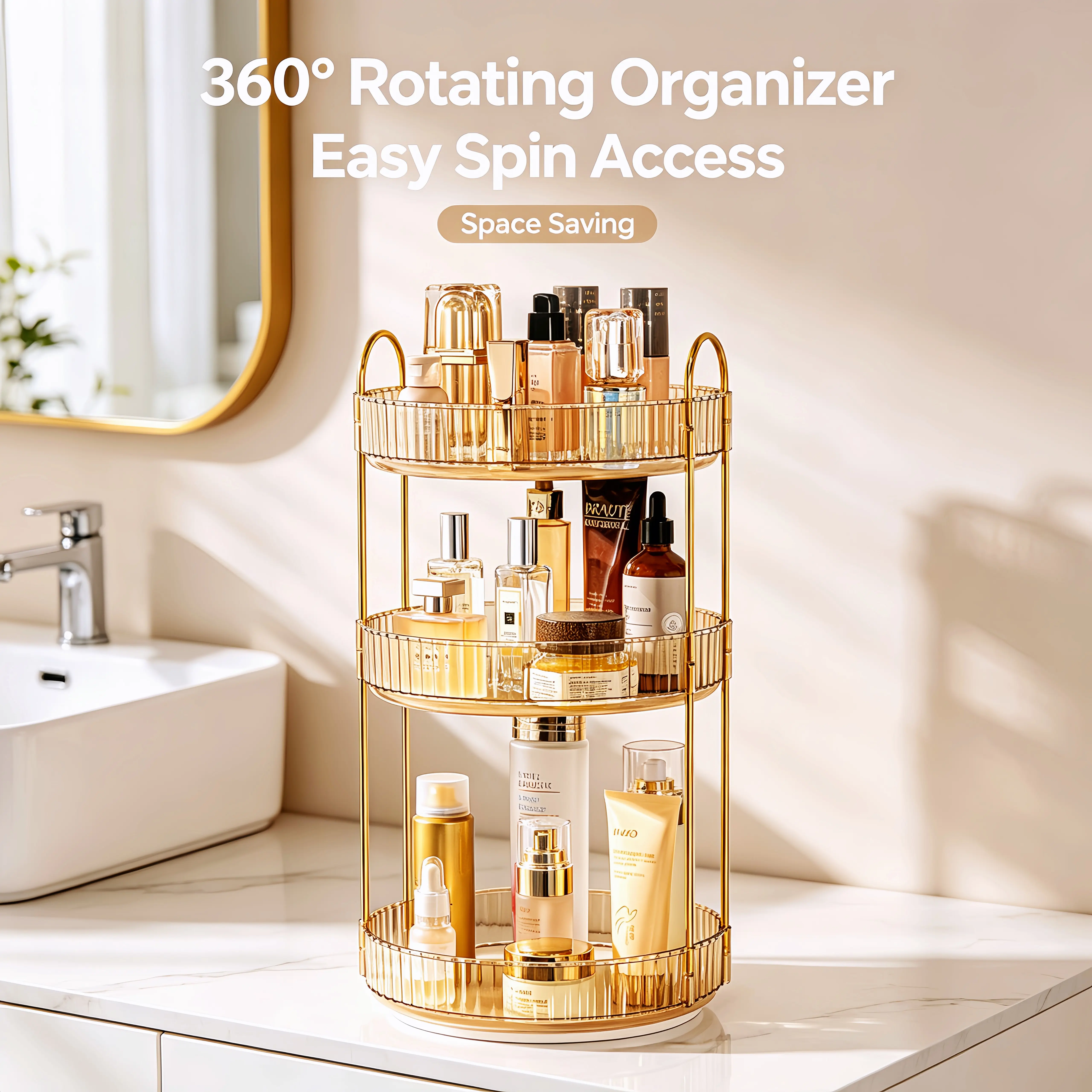 Rotatable 360-Degree Round Vintage 2/3-Tier Lazy Susan Makeup Organizer with Compartments, Bathroom Vanity Countertop Skincare & Perfume Storage (Classic Grey)