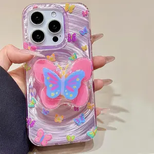 Butterfly Pattern Phone Case with Butterfly Holder Stand, Decorative Protective Phone Protector Cover, Phone Accessories Compatible with iPhone 11 12 13 14 15 Pro Max, Casing, Decorative Smartphone Protector