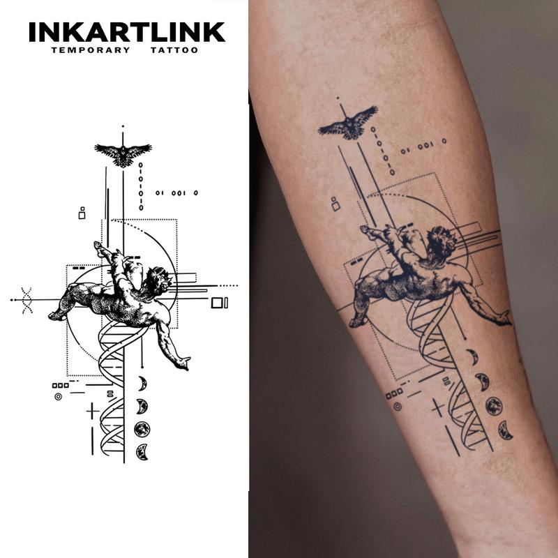 INKARTLINK Tattoo Tech,2 Sheets Extra-Large Semi Permanent Tattoo, Adult Art Design Temporary Tattoos, Lasts 1-2 Weeks, Waterproof, Realistic look, No Adhesive, No reflection (Descending Angel Design)