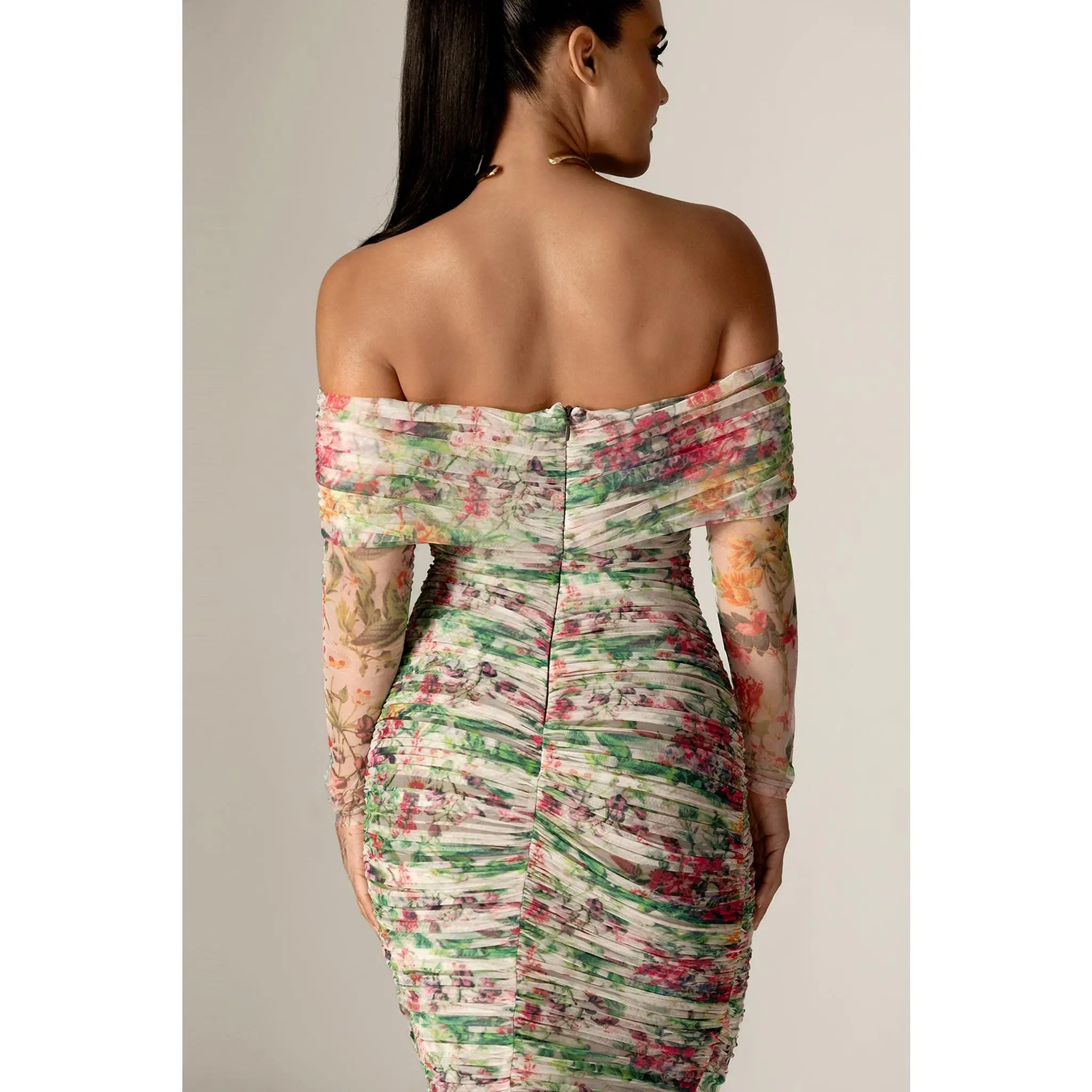 Hayley Off Shoulder Midi Dress - Floral Serenade | Long Sleeves Bodycon Ruched Mesh Dress with Built- Hayley Off Shoulder Midi Dress - Floral Serenade | Long Sleeves Bodycon Ruched Mesh Dress with Built-