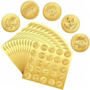 4pcs Gold Foil Embossed Envelope Seals, Vintage Flower Pattern Certificate Set, DIY Plant Labels for Wedding Invitations