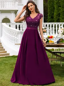 MIUSOL 54406A V Neck Sequin Lace Cap Sleeve Chiffon Pleated Hem Evening Party Maxi Dress, Elegant Party Dress For Women, Formal Evening Gown, Prom Dress, For Wedding Guest, Graduation, Dinner