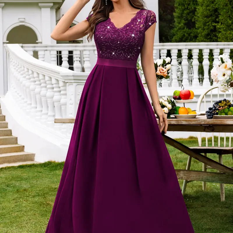 MIUSOL 54406A V Neck Sequin Floral Lace Cap Sleeve Chiffon Pleated Hem Evening Party Maxi Dress, Elegant Party Dress For Women, Formal Evening Gown, Prom Dress, For Wedding Guest, Bridesmaids Dress, Graduation, Dinner, Elegance, Formal Wear, Lady