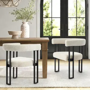 Vanity Chair for Makeup Room, Corduroy Accent Chair with U-Shaped Backrest, Modern Comfy Desk Chair No Wheels, Upholstered Dining Chair Set of 2 with Metal Legs for Bedroom, Living Room