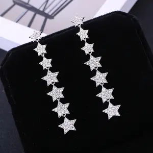 Sparkly Star Tassel Drop Earrings for Women, Silver Crystal Long Dangle Earrings, Celestial Statement Jewelry for Party Birthday Holiday Festival Gift