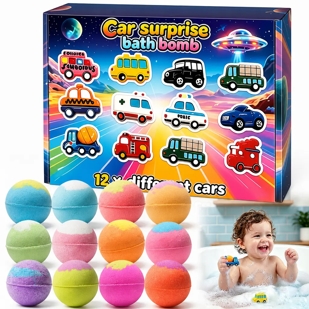 Kids' Fragrance Bright Car Bath Bombs Gift Set (12 Pack) - Fizzy Body Care with Surprise Collectible Mini Toy Cars Inside, for Boys Toddlers 3-8