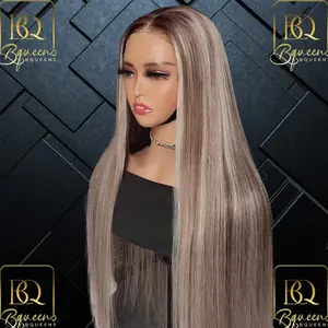 BQUEENS Kelly- Ash Blonde Balayage Highlight Brazilian Straight Lace Front Wigs Human Hair Wigs for Women