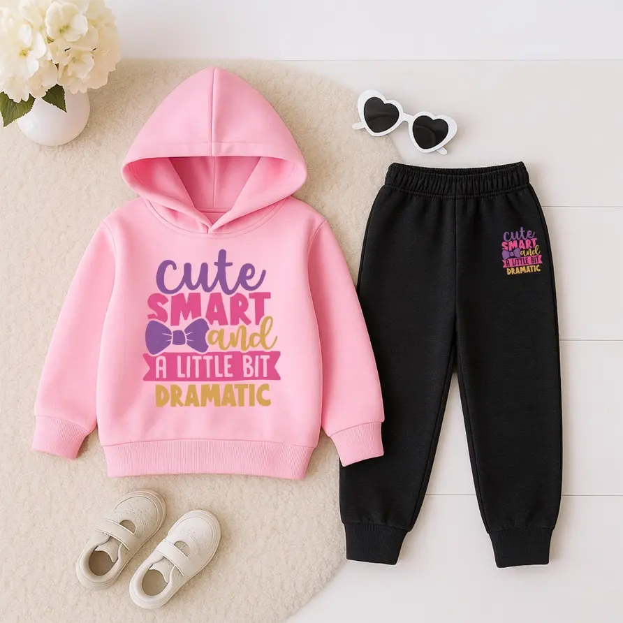 Girls' 2-Piece Cute Smart Print Fleece-Lined Hooded Tracksuit Set - Hoodie & Sweatpants, Casual Fashion Set, Hooded Neck, Cozy Hood Warmth, Outdoor Adventure, Autumn-Winter Kids' Clothing, Tapered Fit, Thick Fleece, All Over Print, Coordinated Set