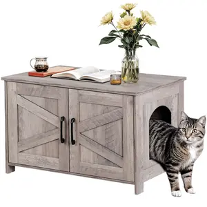 NOVA Cat Litter Box Enclosure Furniture Wooden Cat House Hidden Washroom Farmhouse Storage Cabinet Side Table Barn Door, Greige