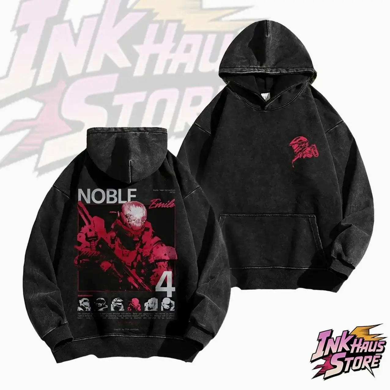 *Noble Team* design from the Halo series of games, specifically Spartan Emile-A239 (Noble 4)--Long Sleeve Cotton Unisex Vintage Hoodie 6NC