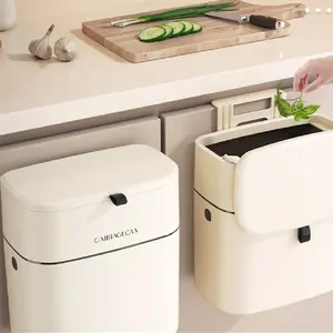 Kitchen Hanging Trash Can Household Cream White No Trace Stickers Cabinet Garbage Basket With Lid Home Wall Mount Internet Celebrity Ins