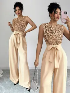 Raffinéa French Elegant Holiday Jumpsuit, Sheer Sequin Patchwork, Back Zipper Closure; Waist Fabric Belt, Puff Sleeve Ruched Design, Wide Leg Pants,Golden Jumpsuit Women,Sequin Jumpsuit Women,Wide Leg Jumpsuit,Sparkly Jumpsuit