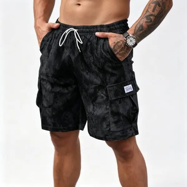 Men’s tie-dye corduroy cargo shorts with elastic drawstring waist, multiple pockets, loose casual fit for summer beach, knee-length