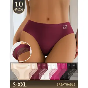 QUASTI Women's 10pcs/5 Mix Colors Elastane Lace Seamless Panties, Mid-Waist Super No-Show Full-Coverage Soft Breathable Polyester Spandex Lady Underwear, Fit Basic Minimalist Briefs for Daily Wear, S-XXL