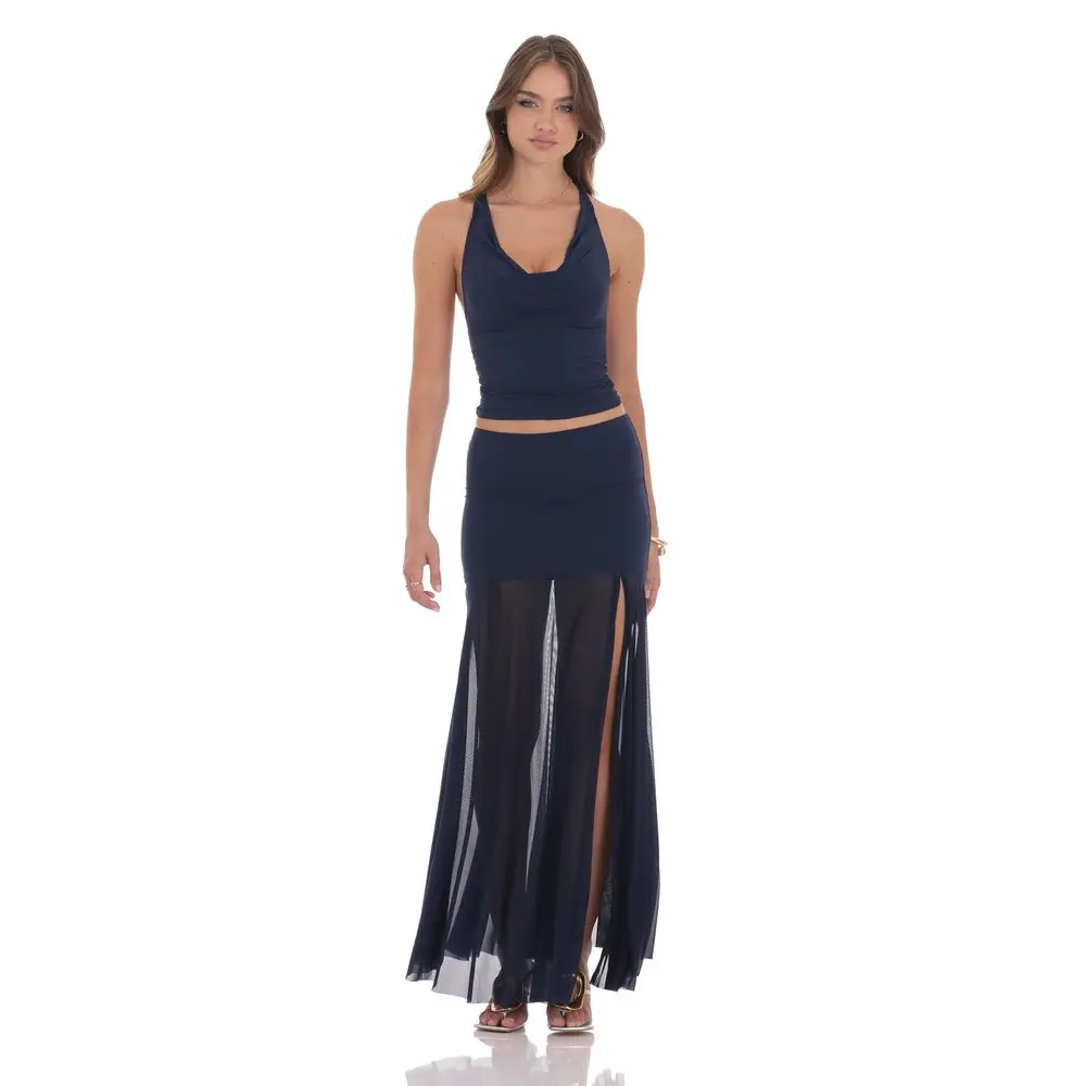 Mesh Fishtail Maxi Skirt in Navy