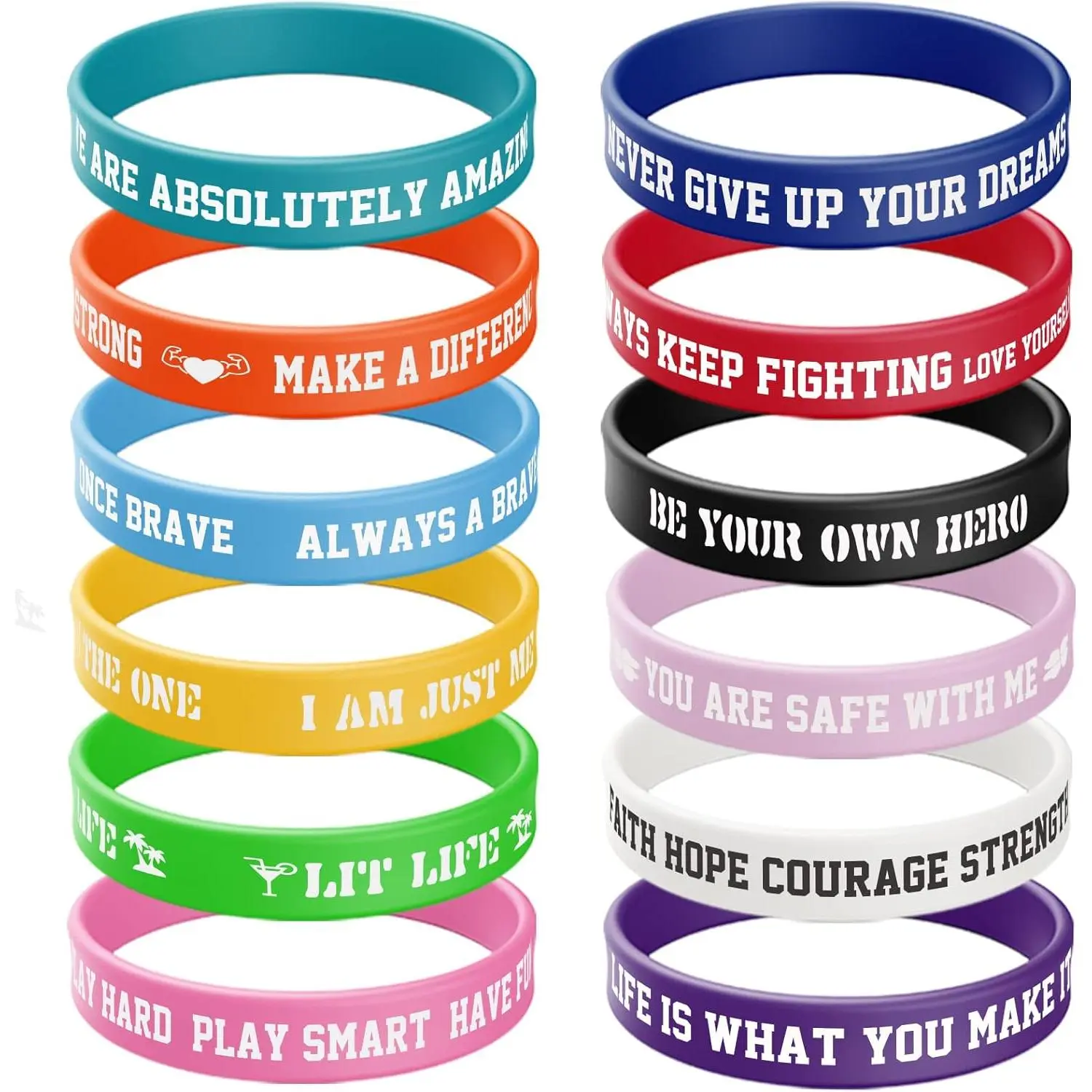 X-RBB06 12 Pcs 100% Silicone Motivational Quote Elastic Bracelets - Waterproof, Casual, Stretch Fit Youth Fashion Accessory Gifts for Teens for Training, Congratulation, Elastic Bracelet, Teens+Adults, Events, Wristband, Body-Safe Silicone Bracelets & Ban