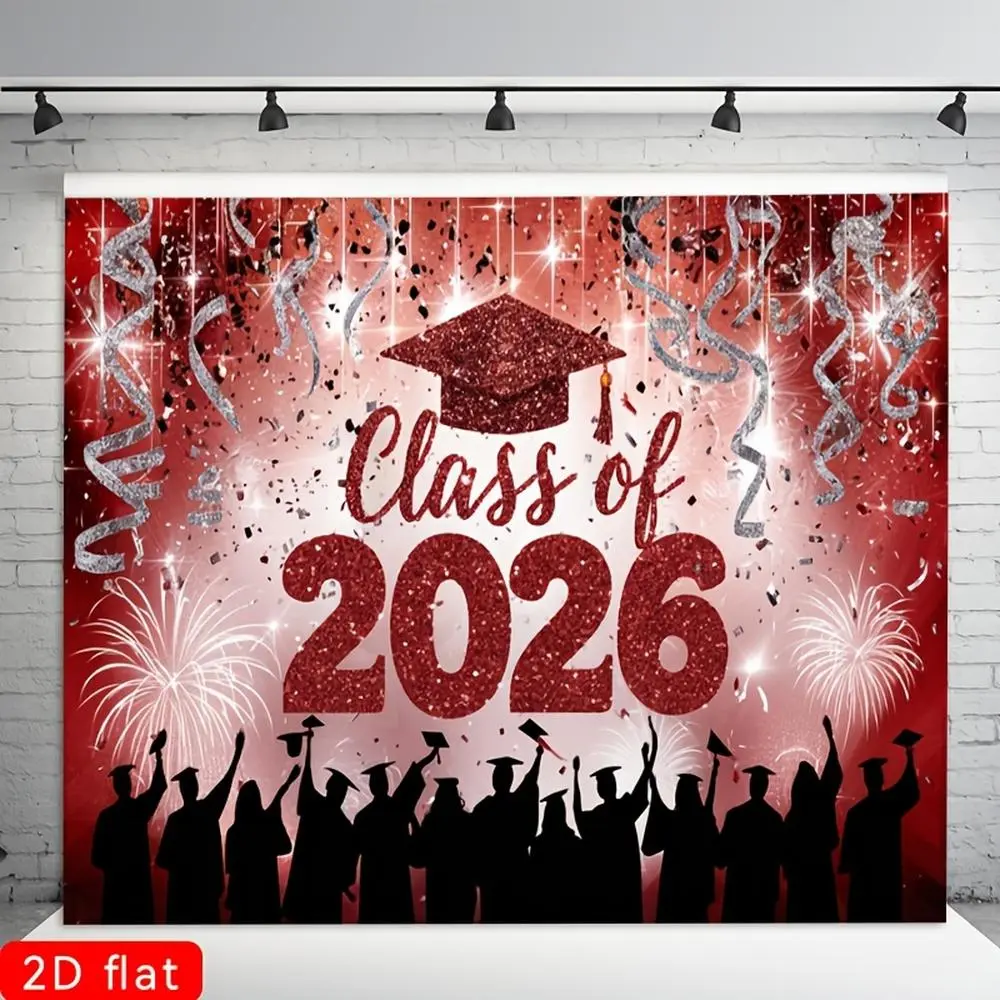 2D Flat Polyester Banner, Firework Print with Red Glitter Graduation Caps, Graduation Decorations 2026, Reusable Party Decor for Home, Garden,summerwins