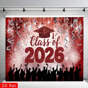 2D Flat - 2D Flat - A 2D Flat Banner Featuring Red Glitter Graduation Caps And Fireworks for The Class of 2026, Made of Polyester. It'S Perfect for Decorating Parties in Farms, Gardens, Home