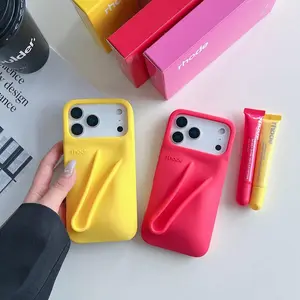 Rhode Silicone Phone Case for iPhone 11 to 16 Pro Max with Lip Gloss Holder & Lipstick Stand Design Soft Grip Protection for Secure Handling and Style