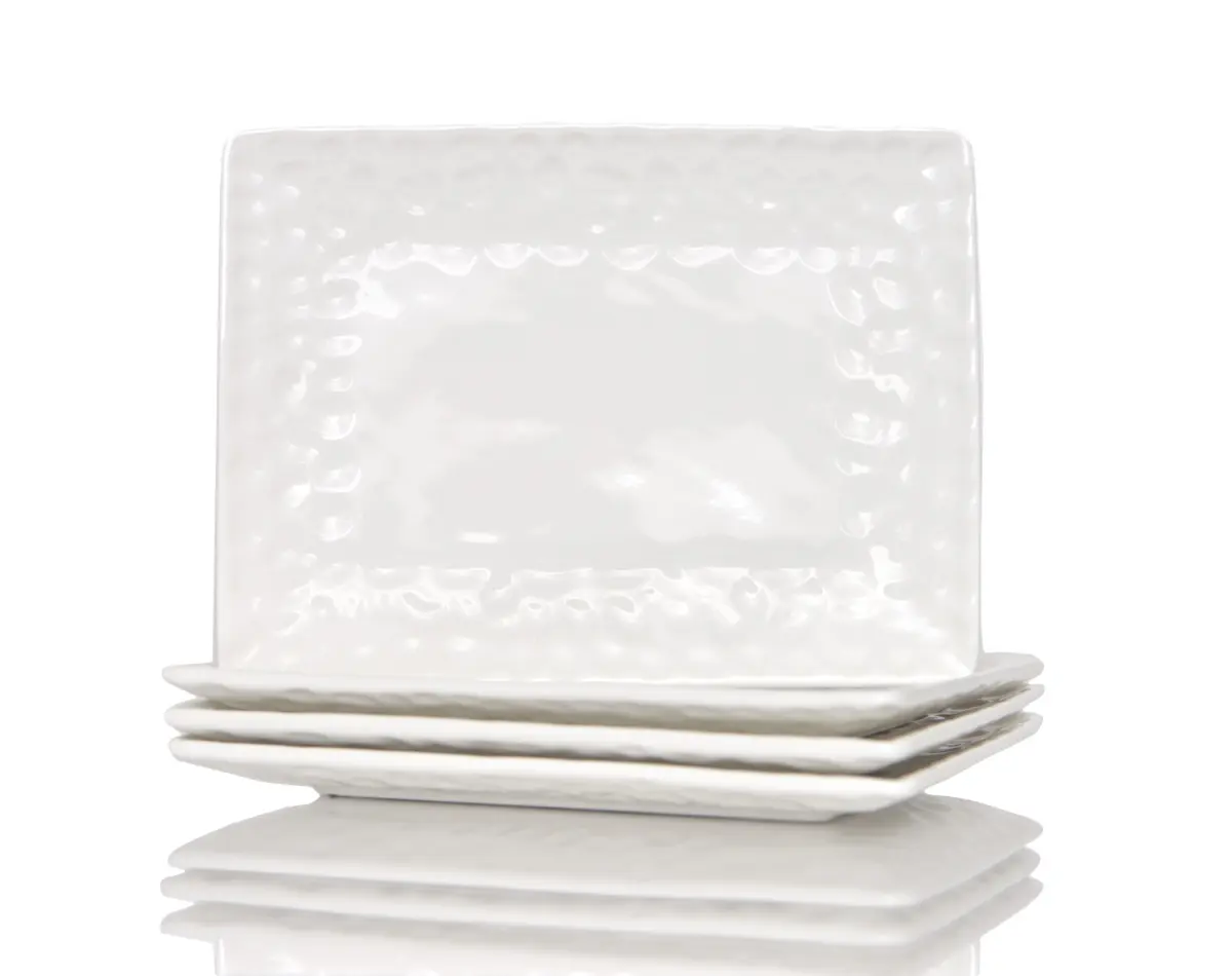 Rectangle Pebbled Porcelain Service for Six Dinner Plate Set, White - 6 Piece