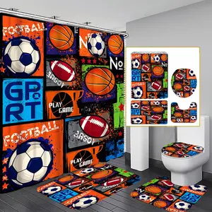 1/3/4PCS Sports Ball Shower Curtain set, Athletic Theme Bathroom Decor, Accessories with Bath Mat, U-shaped Mat, Toilet Lid Cover, 12 Hooks 180x180cm Curtain, Home Decor, Bathroom Decoration Accessories