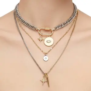 Gold Layered stacked Necklaces for women 3PS Chunky Statement Necklaces Stack Mixed Metal Charm Necklace for Women Trendy Coin Jewelry Gift for Her Gifts