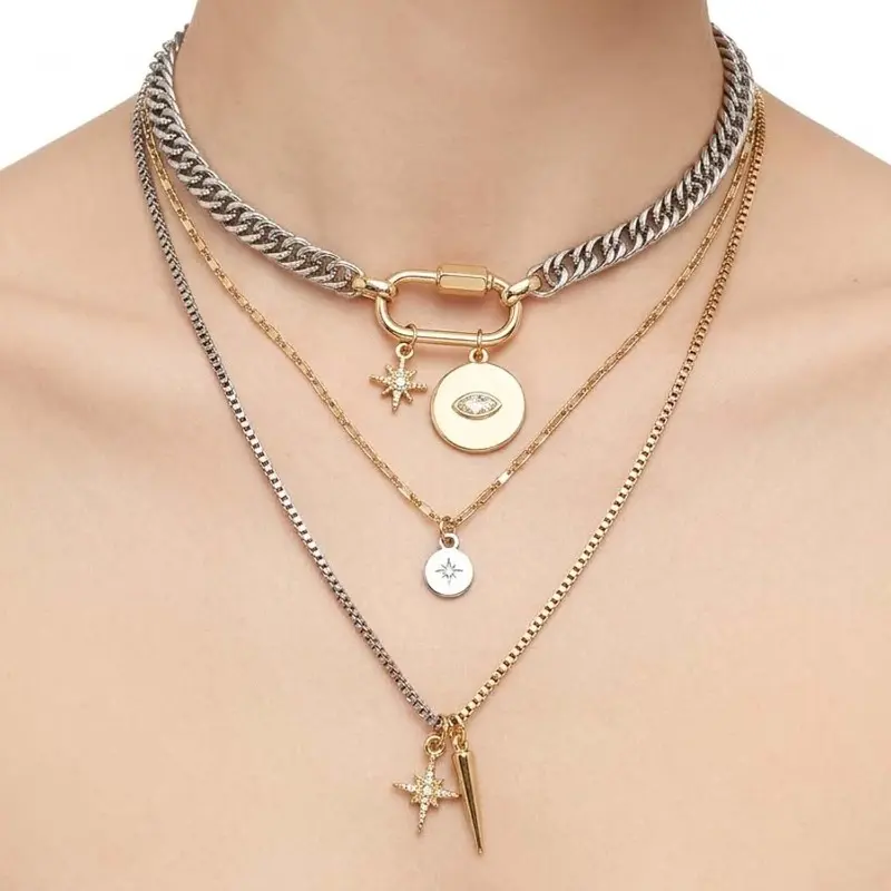 Gold Layered stacked Necklaces for women 3PS Chunky Statement Necklaces Stack Mixed Metal Charm Necklace for Women Trendy Coin Jewelry Gift for Her Gifts