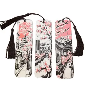 Cherry Blossom Bookmark Set - Pink Blossoms on Black & White Japanese-Inspired Design, 3D Printed, Elegant Bookmarks with Black Tassel