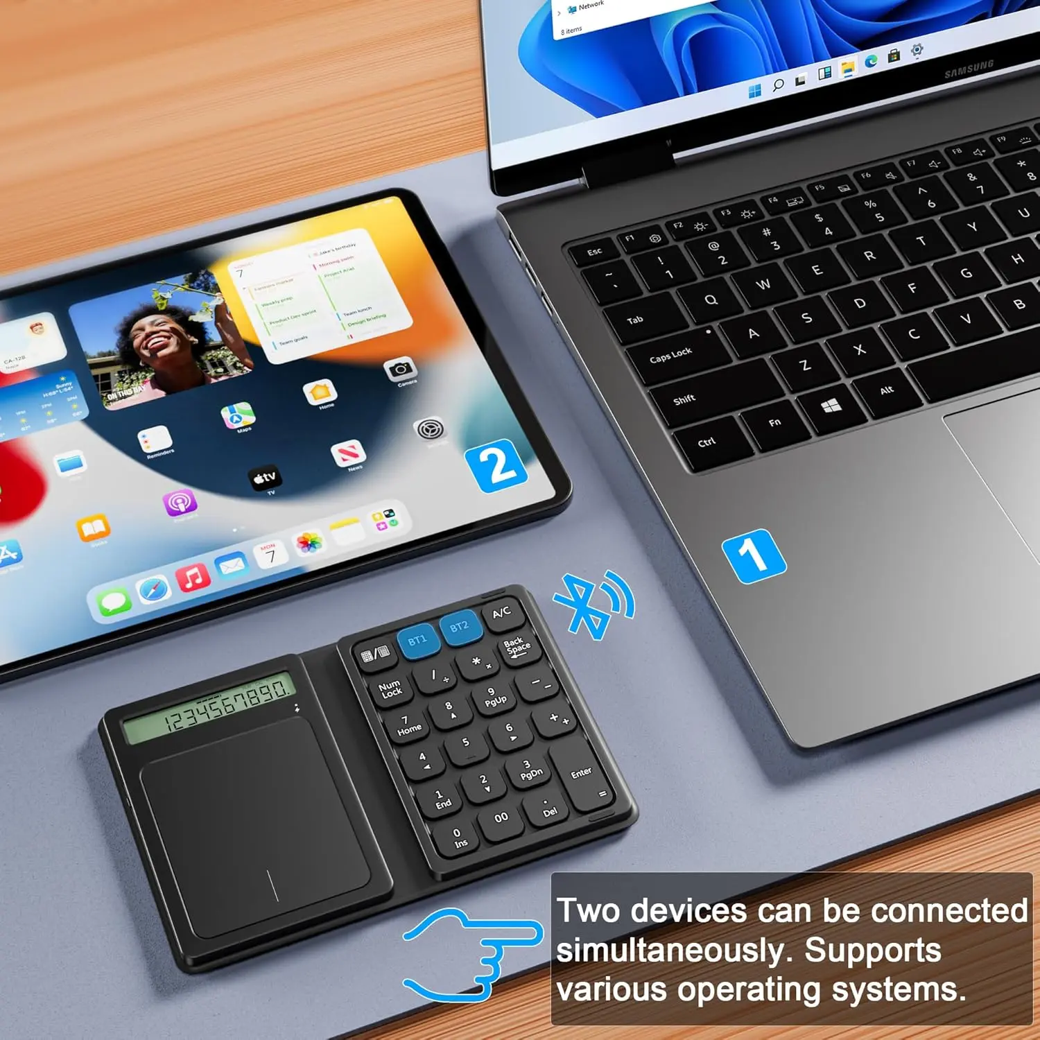 Leather Folding Numeric Keypad with Bluetooth 5.0, Multi-Device Connectivity, Touchpad for Windows 10/11, Portable Calculator Keyboard for Tablet, PC, Laptop