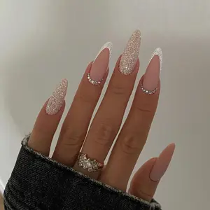 24pcs Almond Shape Bare Powder Drill French Tip Nail Art Stickers, Includes Nail File and Jelly Glue Sheet, Perfect for Nail Care
