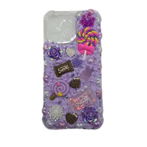 Purple Junk Phone Case for iP 13 Pro with Sweet Designs & Glitter Accents Protective Candy Casing Cover Screen Protector