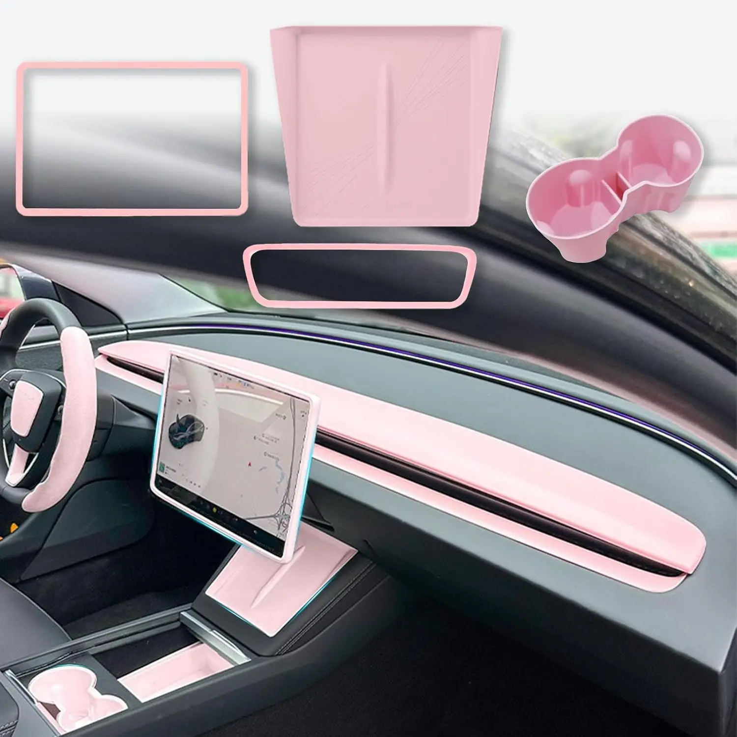 Pink 4PCS Silicone Car Interior Accessories Kit for 2025-2026 Tesla New Model Y Juniper - Anti-Slip Mat Set, Cup Holder Insert, Screen Edge Protection Frame, Rear View Mirror Cover, Car Accessories, None