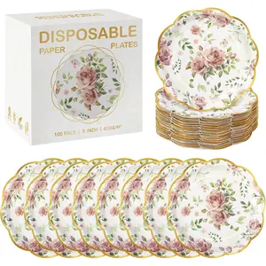 Kochorie 100 PCS Scalloped Party Plates, 9 Inch Disposable Floral Paper Plates, Pink Flower Paper Plate, Floral Dinner Plate Bulk for Birthday Bridal Baby Shower Wedding Party Supplies