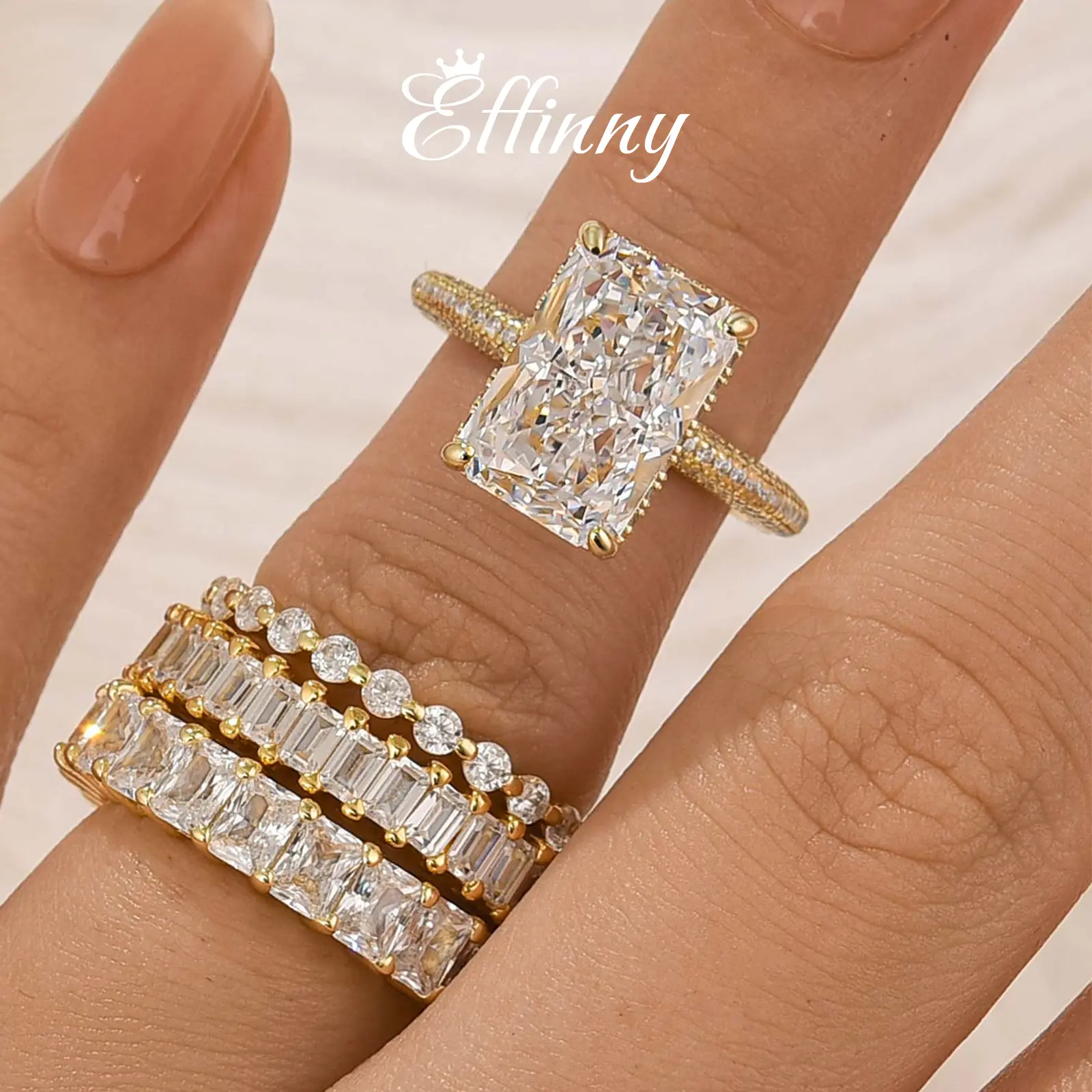 Effinny Jewelry 6.0ct Radiant Cut 4PC Wedding Ring set, 925 Sterling Silver Promise Ring, 5A Cubic Zirconia Women's Ring for Travel, Wedding, Party, Engagement Rings, Statement Rings