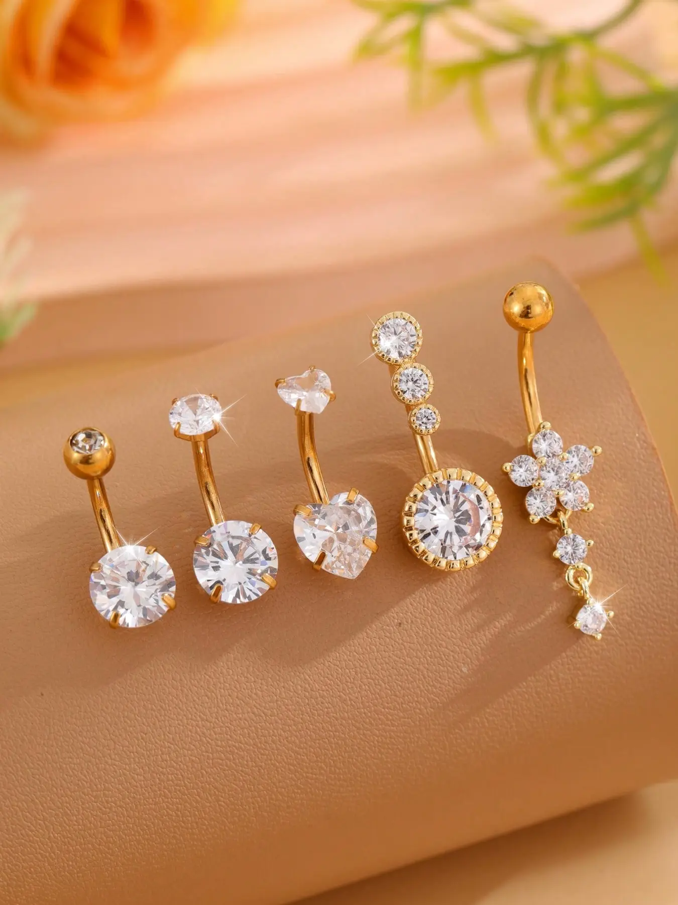 5-Piece Cubic Zirconia Belly Button Rings Set, Heart Flower Design with Sparkling Zircon Stones, Stainless Steel Barbell for Women, Cute Daily Wear Belly Button Piercing Jewelry, Navel Piercing Jewelry