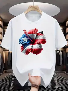 Patriotic T-Shirt Vibrant Cotton Puerto Rico Flag Hibiscus Flower T-Shirt | Regular Fit Short Sleeve Tee for Men & Women, Breathable 100% Cotton, Summer Casual Wear, Machine Washable, Patriotic Clothing