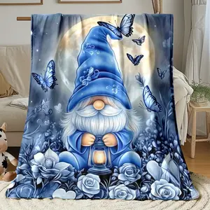 Blue Gnome & Butterfly Throw Blanket - Lightweight Flannel, Soft & Warm, All-Season Use for Sofa, Outdoor, Camping, Living Room, Office, Chair, and Bed - Digital Print, Hand or Machine Washable, Camping