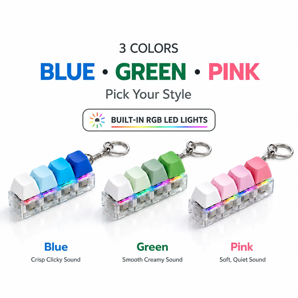 RGB LED Fidget Keyboard Keychain, 4-Key Stress Relief Toy with 3 Sound Options - Crisp Clicky, Smooth Creamy, Soft Quiet - Blue, Green, Pink Color Options