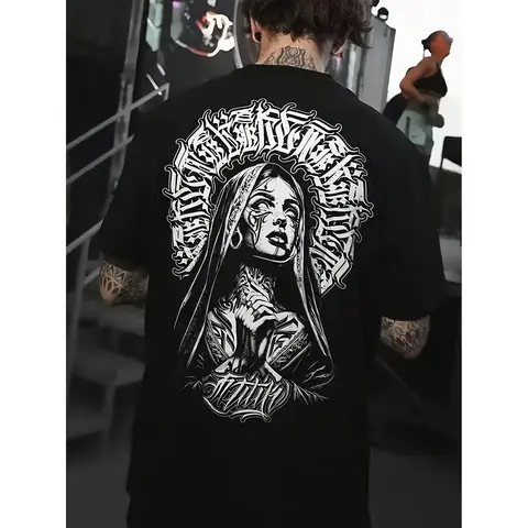 Men'S Gothic Chicano Tattoo Graphic Tee - West Coast Street Dance Style Design with Floral And Skull Prints, Breathable Summer Casual Short Sleeve T-Shirt, Suitable for Concerts And Everyday Wear, High Quality Knitted T-Shirt