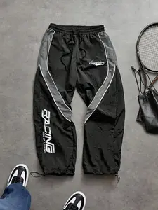 Men's Fashion Letter Print Pants, Taslon Fabric, Colorblock Stripes, Casual Sport Long Pants, Athleisure Style Pants, Outdoor Sports Pants, Ideal for Daily Wear, Outdoor Hiking