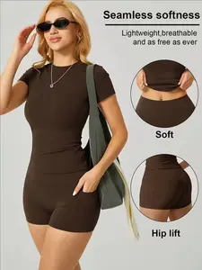 Women's High-Waisted Short Pants Set, Slim-Fit Polyester Round Neck Shorts, Casual All-Season Wear, Pocket Design, Comfortable & Stylish