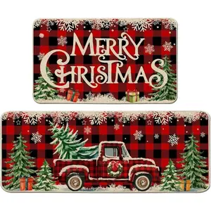 2PCS Christmas Kitchen Rug - Non-slip polyester floor mat with festive tree and truck design, stain-resistant and lightweight, suitable for home and kitchen holiday decorations, easy to hand wash, rectangular shape